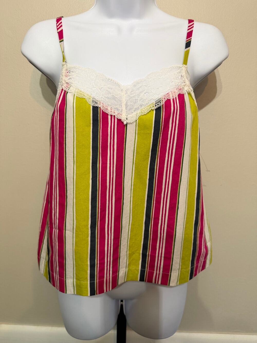 Trina Turk Striped Lace Trim Cotton Camisole Tank Top Pink Green Size SP NWT